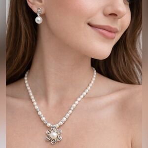 Faux Pearl Necklace & Earrings Set with Flower Pendant Rhinestone Accents